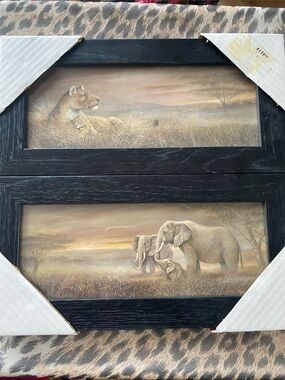 Wildlife Double Frame Art - Lions & Elephants in Neutral Tones